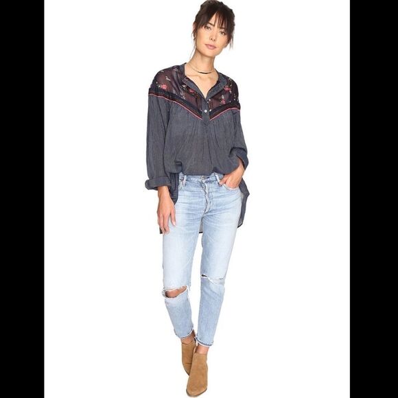 Free People Blue Hearts and Color Tunic Boho Blouse XS - Picture 6 of 11